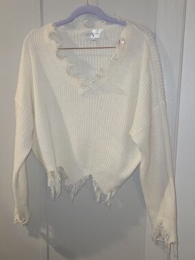 & Other Stories Cream Frayed V-Neck Knit Sweater